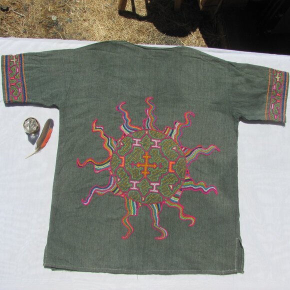 Peruvian Import Sun Embroidered Tunic Size Small Boho Hippie Festival Tribal Art - Picture 1 of 4